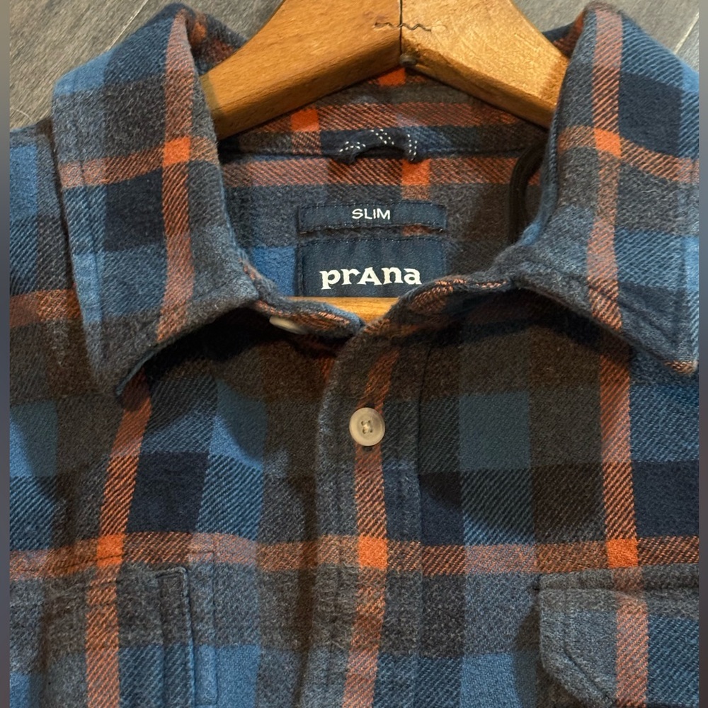 Prana Blue and Orange Plaid Casual Button Down Shirt